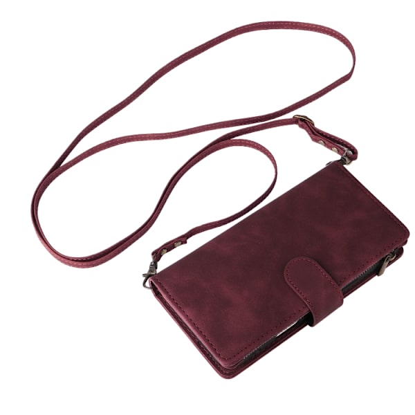 [RM]iPhone 16 Pro Max Case - Crossbody Case with Multiple Card Slots and Zipper Vinrött
