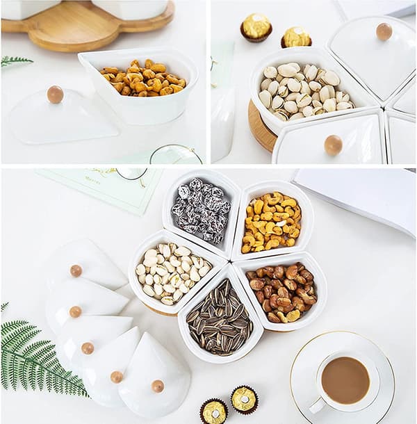 11-inch Ceramic Serving Platter with Bamboo Tray and Lid, 5 Removable Snack Bowls Relish Tray for Candy, Nuts, Fruit, Chips, and Dip