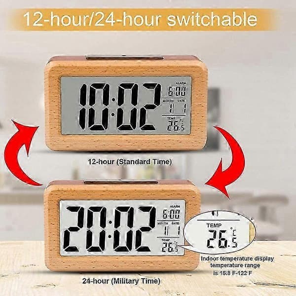 Stor træ LED digitalt vækkeur med snooze, 12/24 timers display