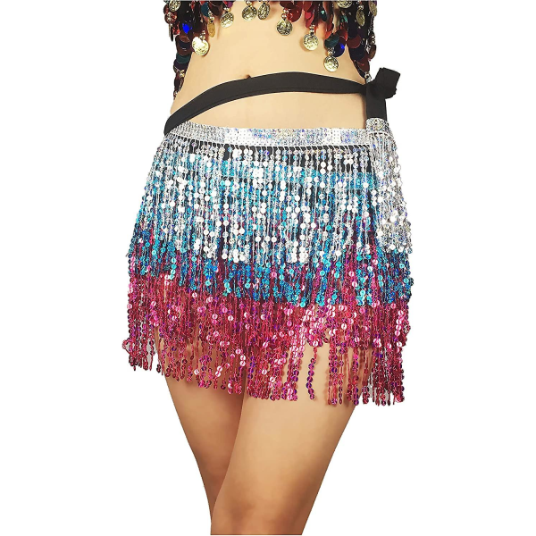 Dam Magdans Hip Scarf Performance Outfits Kjol Festival Kläder$dans Hip Scarf Tofs Kjol, Boho Paljettkjol Wrap Rave Costume For Women$ Silver Blue Pink