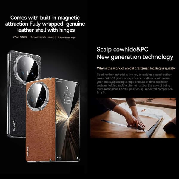 [RM]SULADA Rammeløst mobilcover i førsteklasses okselæder og PC til Honor Magic V5 Black