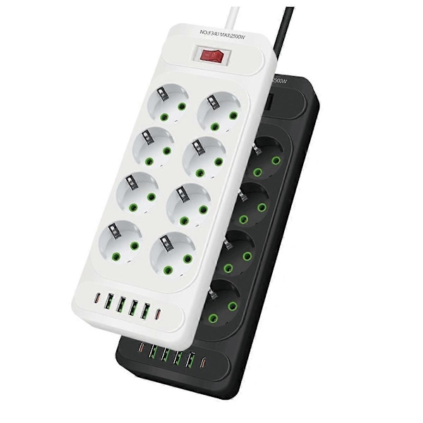 [RM] 8-Hole EU Plug AC Socket Multi Tower Power Strip 2M Extension Cable Power Outlet Smart USB Socket with Switch Black
