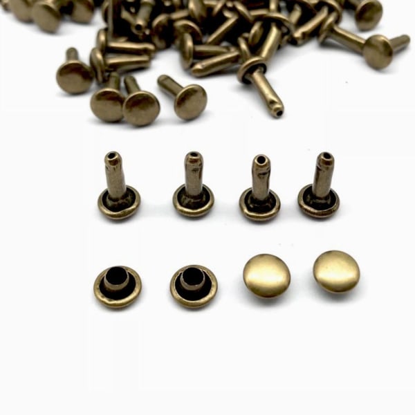100 Set Dubbla Nitar Studs för Väskor Skor Läder 6x10mm Brons