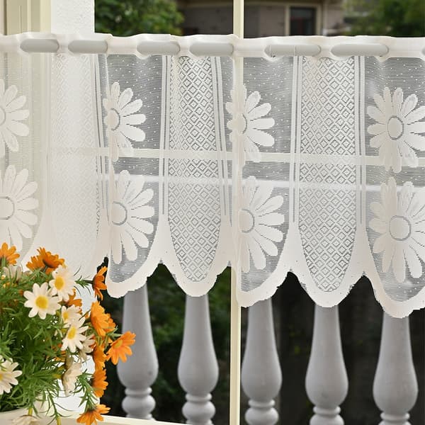 [RM]White Polyester Lace Curtains for Kitchen - 2 Pieces Half Window Curtains with Flowers 120