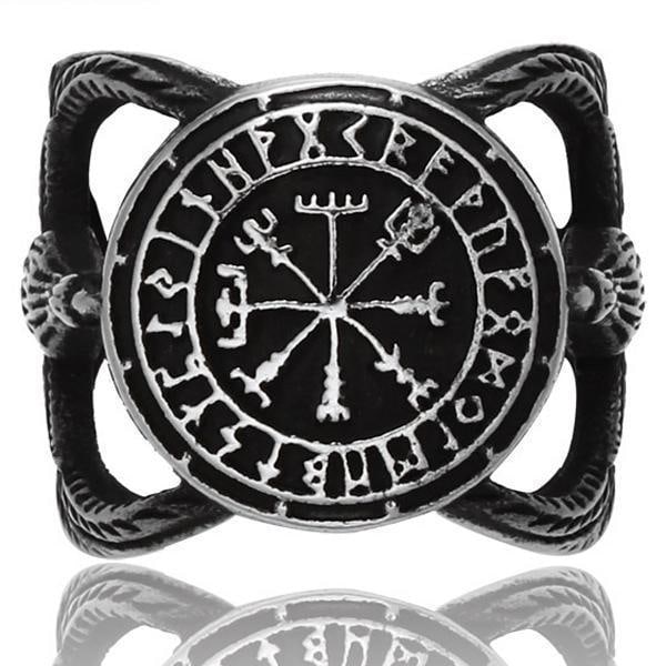 Ring - Nordisk mytologi - Öppen ring med Vegvisir och korpar #13