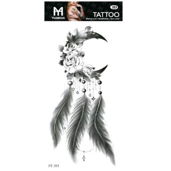 Midlertidig tatovering 19 x 9 cm - Drømmefanger m blomstermåne & fjer
