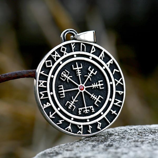 Pendant - Nordic Mythology - Vegvisir with runes and a red stone