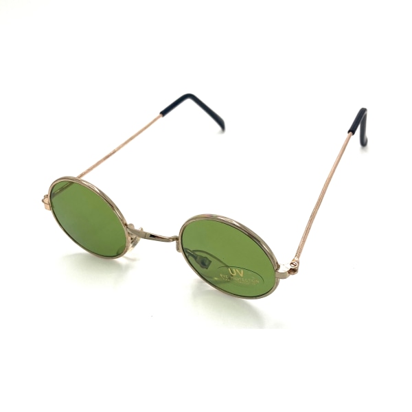 Runde solbriller i gull med grønn linse