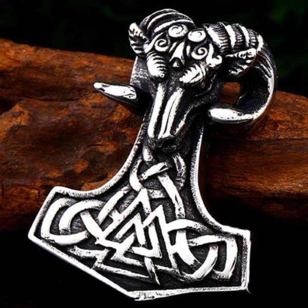 Thors hammer Mjolnir pendant with goat head and valknut