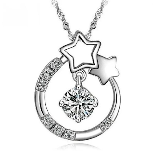Necklace - silver color with white rhinestone