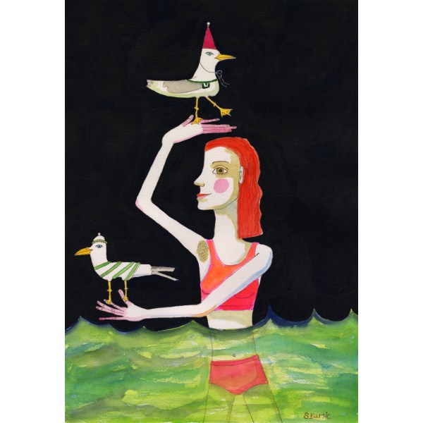 Swimming Lady With Birds MultiColor 70x100 cm