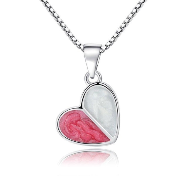 Halskjede - sølvfarget hjerte med rød og hvit stein