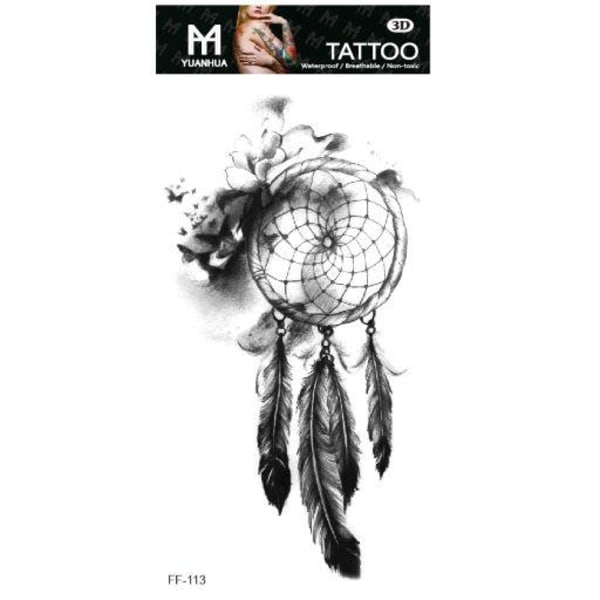 Midlertidig tatovering 19 x 9cm - Drømmefanger m sommerfuglflokk & fjær