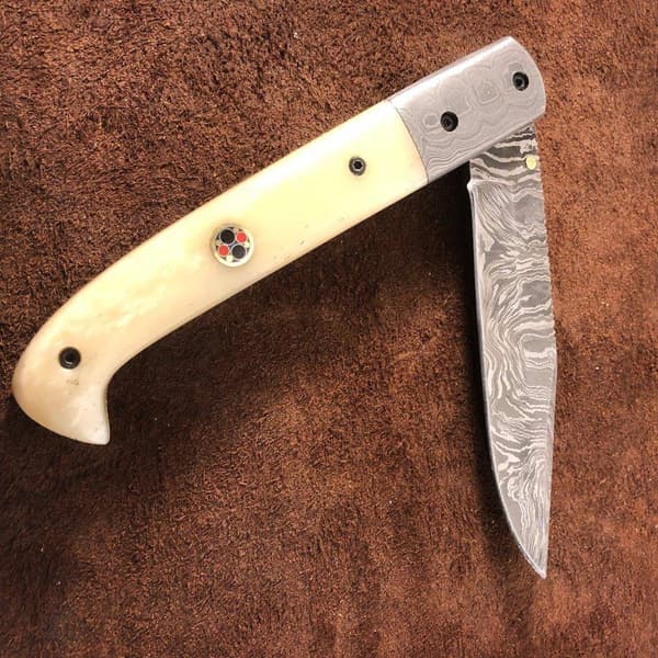 PreMax PX-102 large handmade damascus folder with camel bone – camel bone handle, 15N20/1095 damascus, approx. 300 layers White