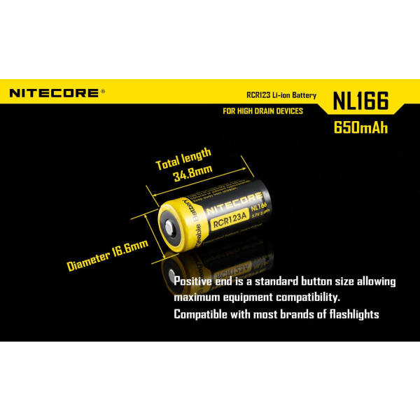 NL166 - NITECORE Li-io 16340 650mAh RCR123A Akku Yellow