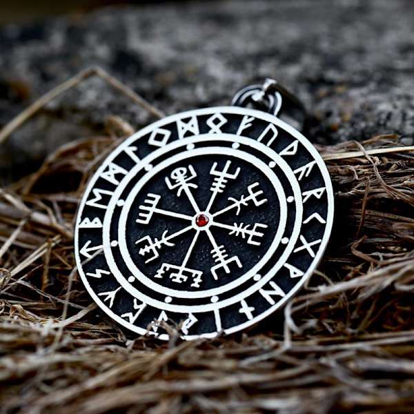Pendant - Nordic Mythology - Vegvisir with runes and a red stone