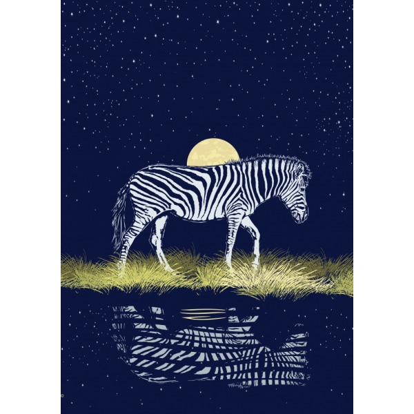 Zebra ved vandhul ved måneopgang MultiColor 21x30 cm
