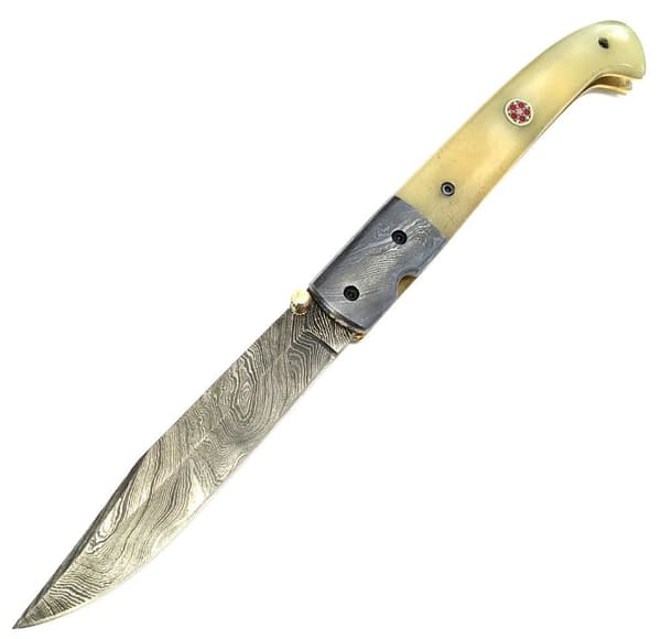 PreMax PX-102 large handmade damascus folder with camel bone – camel bone handle, 15N20/1095 damascus, approx. 300 layers White