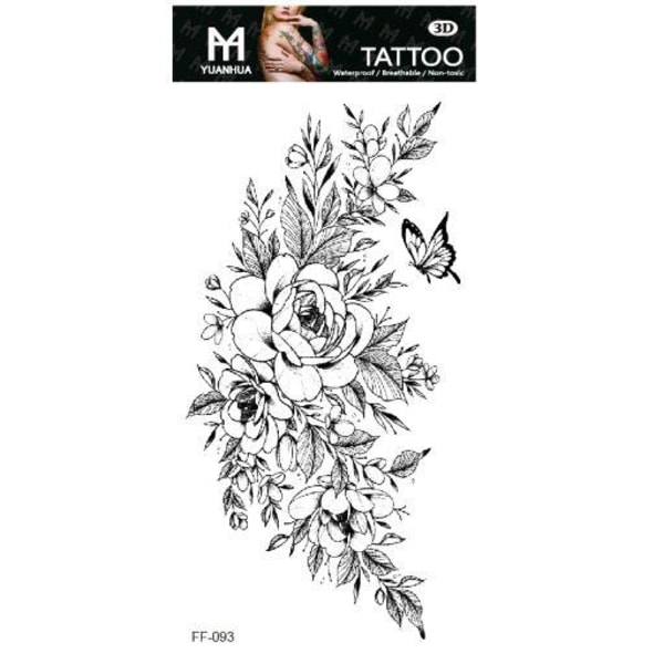 Tillfällig Tatuering 19 x 9cm - Svartvit blomrabatt m fjäril