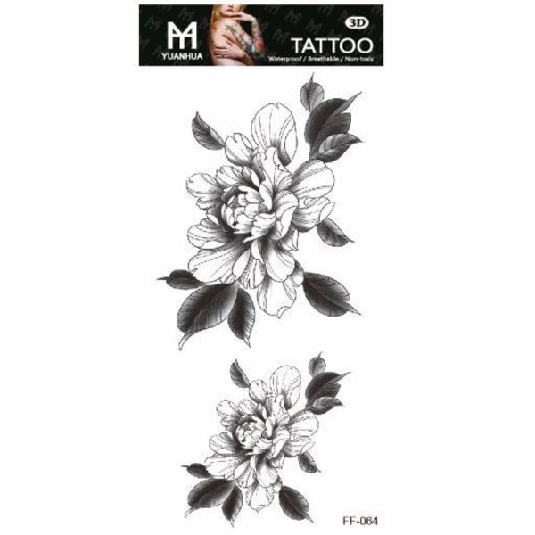 Väliaikainen tatuointi 19 x 9cm - Pari mustavalkoisia kukkia lehtineen