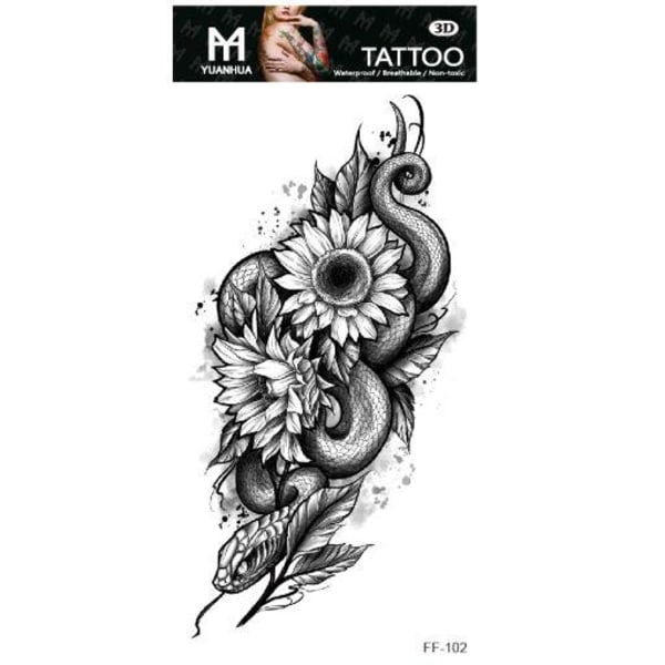 Väliaikainen tatuointi 19 x 9cm - Käärme auringonkukilla