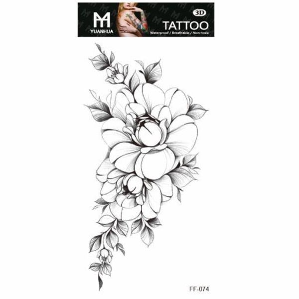Midlertidig tatovering 19 x 9cm - Svarte og hvite blomster med blader