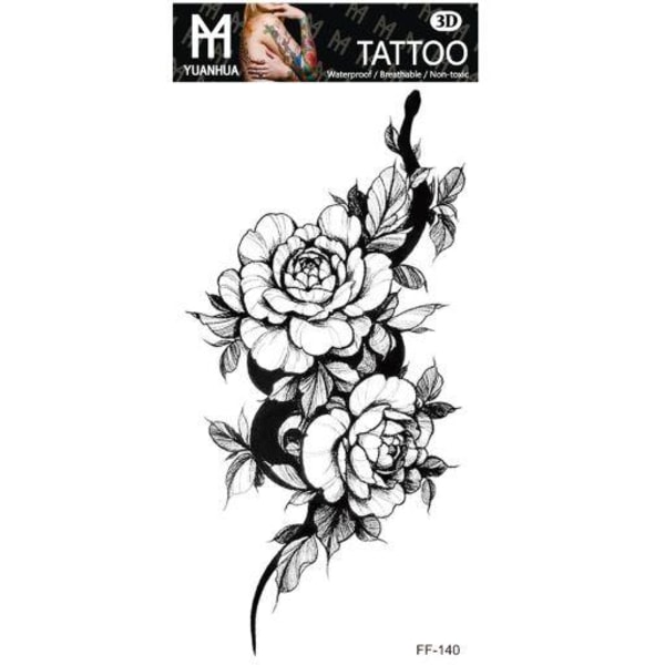 Väliaikainen tatuointi 19 x 9 cm - Musta käärme kahdessa kukassa
