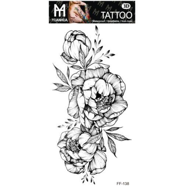 Väliaikainen tatuointi 19 x 9cm - 3 kirkasta mustavalkoista kukkaa