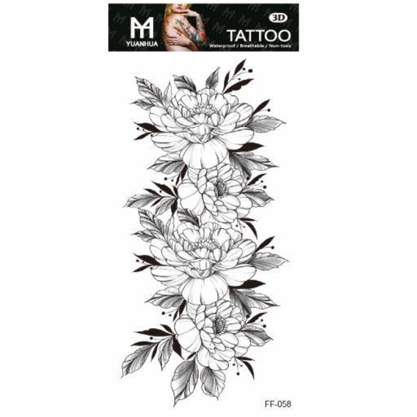 Midlertidig tatovering 19 x 9 cm - Fire svart-hvite blomster