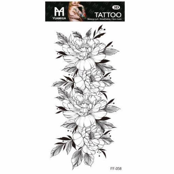Väliaikainen tatuointi 19 x 9cm - Neljä mustavalkoista kukkaa