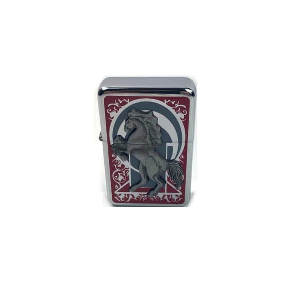 Gentelo petrol lighter – horse in red frame Silver