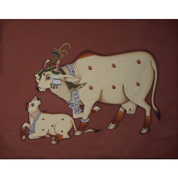 Kamdhenu Cow And Calf Painting MultiColor 70x100 cm