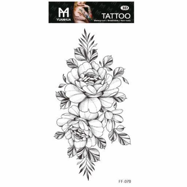 Midlertidig tatovering 19 x 9 cm - To sorte og hvide roser med blade