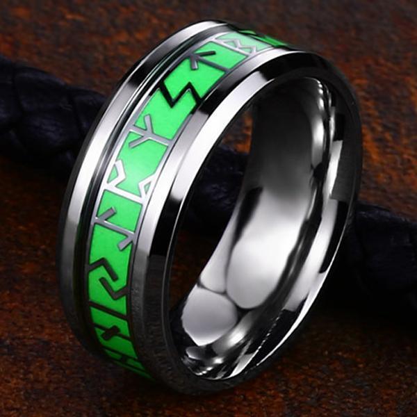 Ring - Nordic Mythology - Runes steel / Green #11