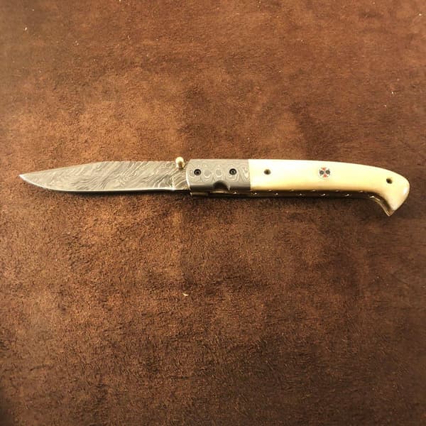 PreMax PX-102 large handmade damascus folder with camel bone – camel bone handle, 15N20/1095 damascus, approx. 300 layers White