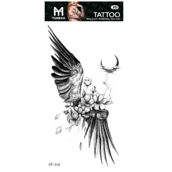 Väliaikainen tatuointi 19 x 9 cm - Siivet kukilla ja kuulla