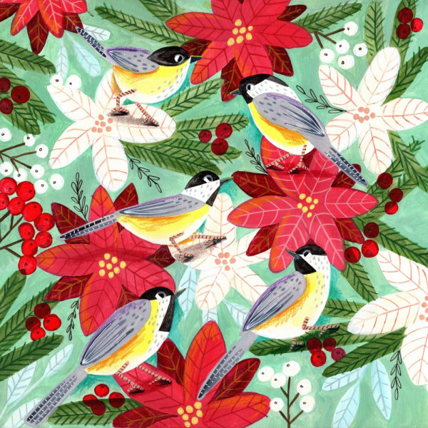 Winter Birds Tits And Christmas Flowers MultiColor 21x30 cm