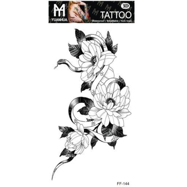 Väliaikainen tatuointi 19 x 9cm - Mustavalkoinen kukkaoksa käärmeellä