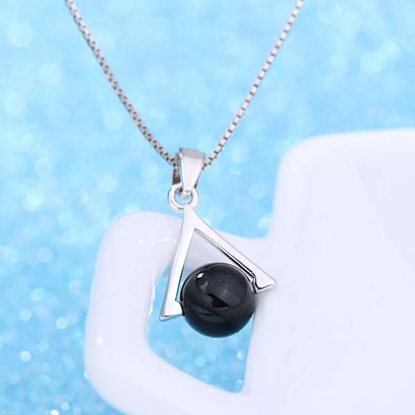Triangle necklace - silver color with black imitation pearl