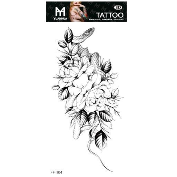 Midlertidig tatovering 19 x 9 cm - Blok blomster med slange