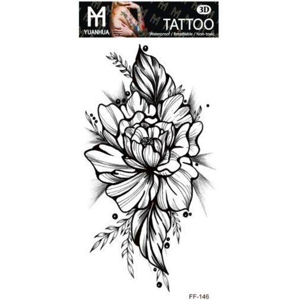 Midlertidig tatovering 19 x 9cm - Sort og hvid stor blomst med kviste