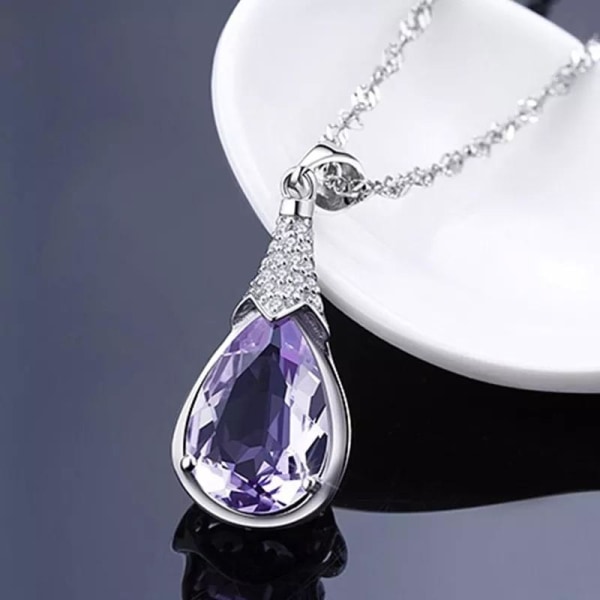 Tear drop necklace - silver color with purple rhinestone