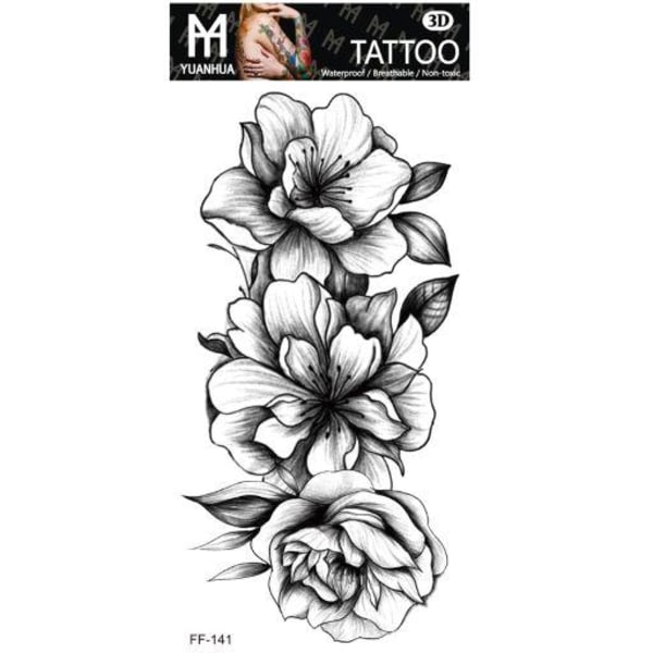 Tillfällig Tatuering 19 x 9cm - Svartvita stora blommor