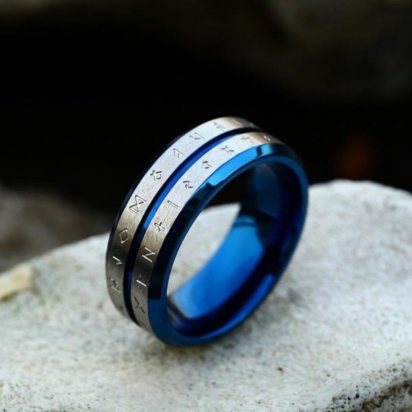 Ring - Nordic Mythology - Runes Brushed steel / Blue #9