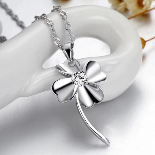 Four-leaf clover necklace - Silver color with white rhinestone