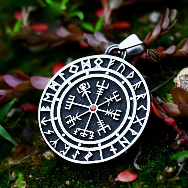 Pendant - Nordic Mythology - Vegvisir with runes and a red stone