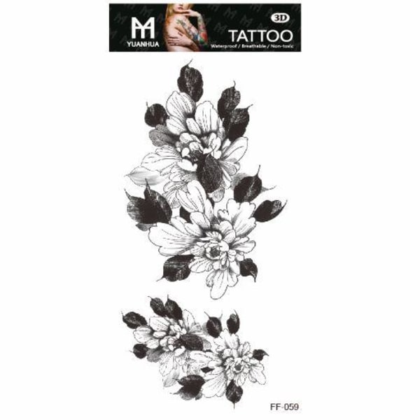 Midlertidig tatovering 19 x 9 cm - Fire sorte og hvide blomster med blade