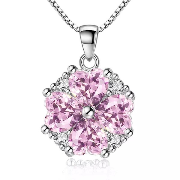 Necklace - silver color with pink heart shaped rhinestones