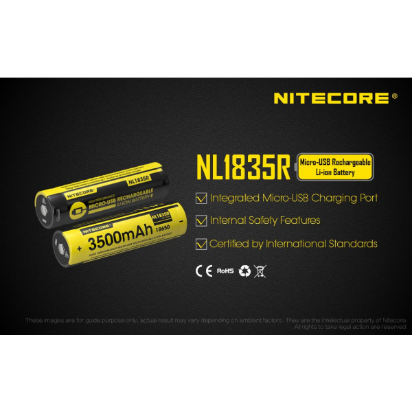NL1835R - NITECORE Li-io 18650 3500mAh med USB Gul