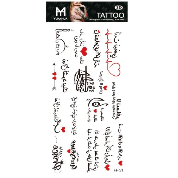 Midlertidig tatovering 19 x 9 cm - Tekster på forskellige sprog